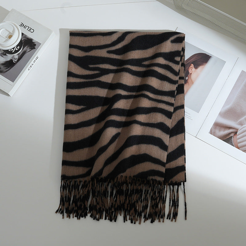 Cross-border new product zebra print scarf for women in autumn and winter, thickened and warm, high-end tassel shawl, Korean version, versatile scarf for men