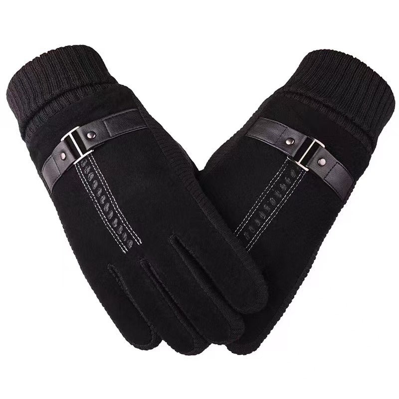 Winter Ski Warm Cycling Gloves Pigskin Men Fleece Thickened Cold Waterproof Touch Screen Outdoor Motorcycle Electric Bike
