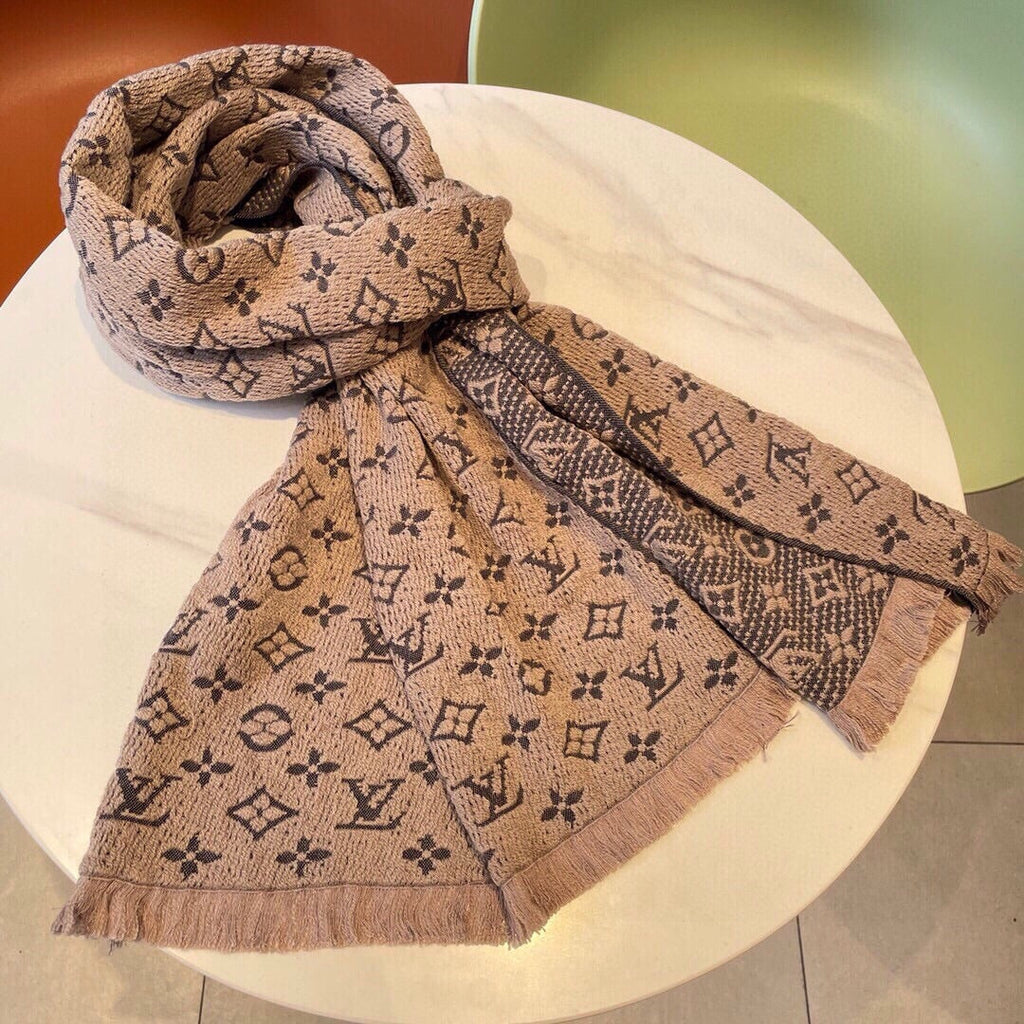 Women's Monogram Print Pashmina Scarf - Warm Beige Winter Shawl with Fringed Edges